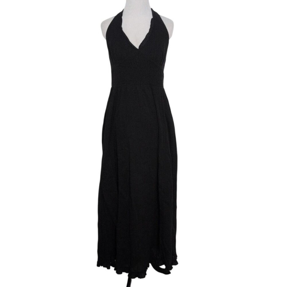 Anthropologie Maeve Halter Maxi Dress Womens Size 6 Black V Neck 100% Cotton